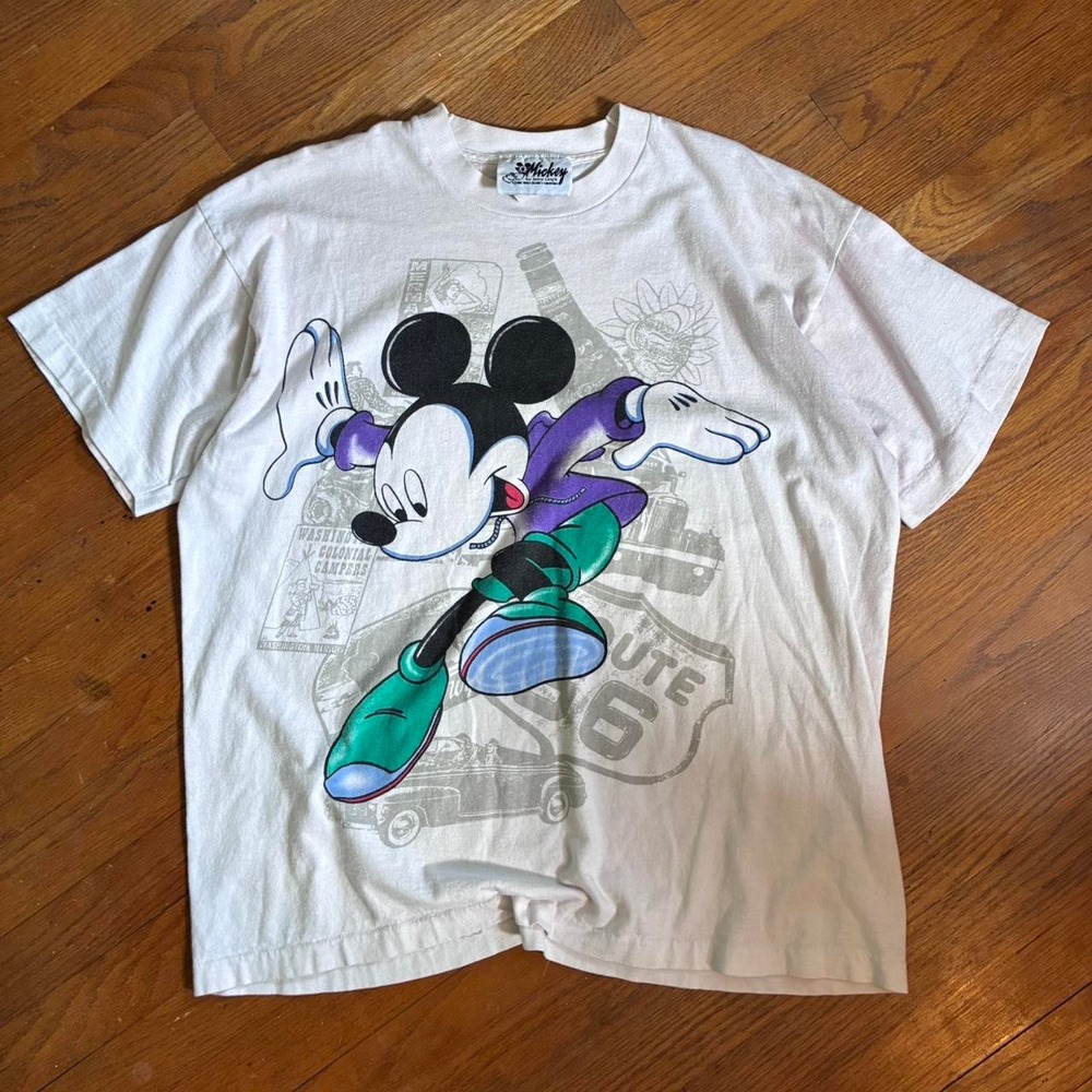 Vintage 90s Mickey Mouse Route 66 T-Shirt Mens XL White Jerry Leigh Streetwear